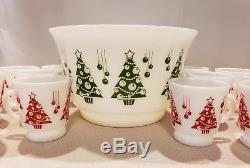 Hazel Atlas Christmas Tree Punch Egg Nog Bowl Cups Mugs Red Green Holiday Set