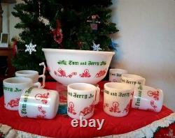 Hazel Atlas Co. Vintage Tom & Jerry Punch or Eggnog Bowl Set With 8 Cups 1950's