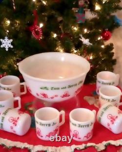 Hazel Atlas Co. Vintage Tom & Jerry Punch or Eggnog Bowl Set With 8 Cups 1950's