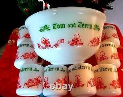 Hazel Atlas Co. Vintage Tom & Jerry Punch or Eggnog Bowl Set With 8 Cups 1950's