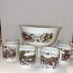Hazel Atlas Currier And Ives Milk Glass Punch Eggnog Bowl and 6 Mugs