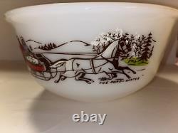 Hazel Atlas Currier And Ives Milk Glass Punch Eggnog Bowl and 6 Mugs