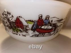 Hazel Atlas Currier And Ives Milk Glass Punch Eggnog Bowl and 6 Mugs