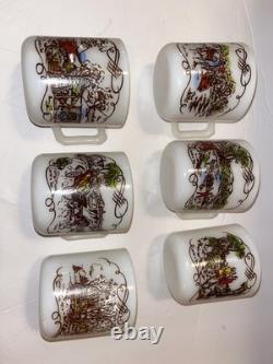 Hazel Atlas Currier And Ives Milk Glass Punch Eggnog Bowl and 6 Mugs