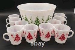 Hazel Atlas Holiday Punch Bowl Set 10 Mugs Cups Milk Glass Christmas Tree 1950s