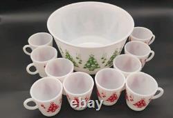 Hazel Atlas Holiday Punch Bowl Set 10 Mugs Cups Milk Glass Christmas Tree 1950s