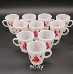 Hazel Atlas Holiday Punch Bowl Set 10 Mugs Cups Milk Glass Christmas Tree 1950s