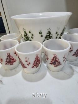 Hazel Atlas Holiday Punch Bowl Set 6 Mugs Cups Milk Glass Christmas Tree Mint