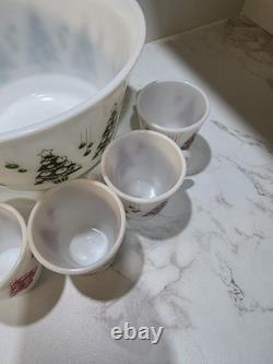 Hazel Atlas Holiday Punch Bowl Set 6 Mugs Cups Milk Glass Christmas Tree Mint