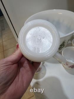 Hazel Atlas Holiday Punch Bowl Set 6 Mugs Cups Milk Glass Christmas Tree Mint