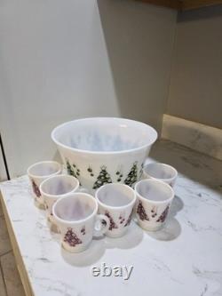 Hazel Atlas Holiday Punch Bowl Set 6 Mugs Cups Milk Glass Christmas Tree Mint
