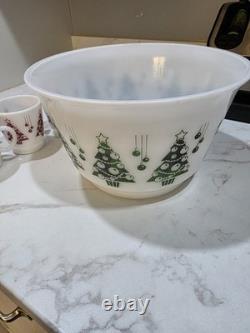 Hazel Atlas Holiday Punch Bowl Set 6 Mugs Cups Milk Glass Christmas Tree Mint