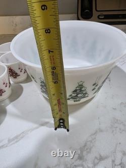 Hazel Atlas Holiday Punch Bowl Set 6 Mugs Cups Milk Glass Christmas Tree Mint