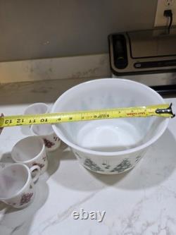 Hazel Atlas Holiday Punch Bowl Set 6 Mugs Cups Milk Glass Christmas Tree Mint