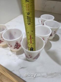 Hazel Atlas Holiday Punch Bowl Set 6 Mugs Cups Milk Glass Christmas Tree Mint