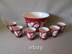 Hazel Atlas Milk Glass 7 pcs PUNCH BOWL SET Cups Burgundy White Holly Christmas