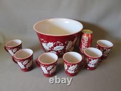 Hazel Atlas Milk Glass 7 pcs PUNCH BOWL SET Cups Burgundy White Holly Christmas