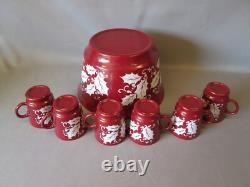 Hazel Atlas Milk Glass 7 pcs PUNCH BOWL SET Cups Burgundy White Holly Christmas