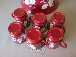 Hazel Atlas Milk Glass 7 pcs PUNCH BOWL SET Cups Burgundy White Holly Christmas