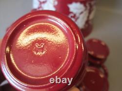 Hazel Atlas Milk Glass 7 pcs PUNCH BOWL SET Cups Burgundy White Holly Christmas