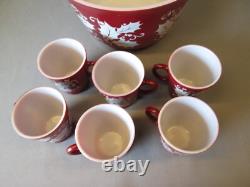 Hazel Atlas Milk Glass 7 pcs PUNCH BOWL SET Cups Burgundy White Holly Christmas