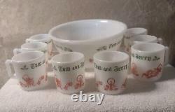 Hazel Atlas Milk Glass 9 Egg Nog Punch Bowl w 8 Mugs TOM & JERRY Christmas