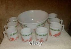 Hazel Atlas Milk Glass 9 Egg Nog Punch Bowl w 8 Mugs TOM & JERRY Christmas