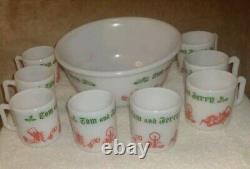 Hazel Atlas Milk Glass 9 Egg Nog Punch Bowl w 8 Mugs TOM & JERRY Christmas