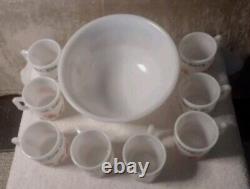 Hazel Atlas Milk Glass 9 Egg Nog Punch Bowl w 8 Mugs TOM & JERRY Christmas