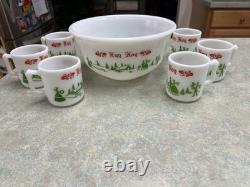 Hazel Atlas Milk Glass Egg Nog Punch Bowl Set 6 Cups & 1 Bowl Circa 1950's Xmas