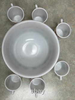 Hazel Atlas Milk Glass Egg Nog Punch Bowl Set 6 Cups & 1 Bowl Circa 1950's Xmas