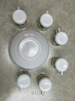 Hazel Atlas Milk Glass Egg Nog Punch Bowl Set 6 Cups & 1 Bowl Circa 1950's Xmas