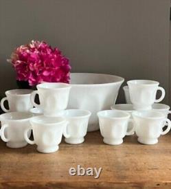 Hazel Atlas Milk Glass Oval Thumbprint Punch Bowl 12 Matching Cups