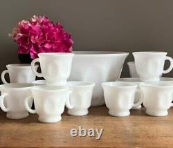 Hazel Atlas Milk Glass Oval Thumbprint Punch Bowl 12 Matching Cups