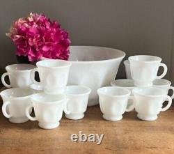 Hazel Atlas Milk Glass Oval Thumbprint Punch Bowl 12 Matching Cups