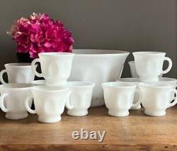 Hazel Atlas Milk Glass Oval Thumbprint Punch Bowl 12 Matching Cups