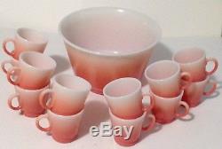 Hazel Atlas Pink Flamingo Punch Bowl Set 12 Mugs Cups Coral White RARE