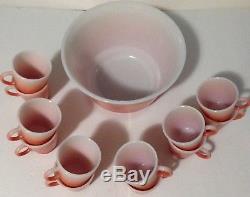Hazel Atlas Pink Flamingo Punch Bowl Set 12 Mugs Cups Coral White RARE