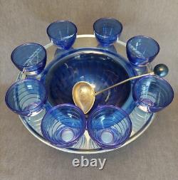 Hazel Atlas Punch Bowl & Cups, 11pc Art Deco Chrome\Cobalt Blue Glass