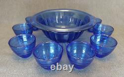 Hazel Atlas Punch Bowl & Cups, 11pc Art Deco Chrome\Cobalt Blue Glass