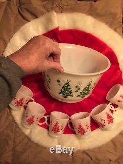 Hazel Atlas Red & Green Milk Glass Christmas Trees Punch/Egg Nog Set Bowl 6 Cups