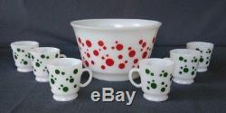 Hazel Atlas Red Polka Dot Punch Bowl Set With 6 Green Polka Dot Mugs