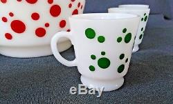 Hazel Atlas Red Polka Dot Punch Bowl Set With 6 Green Polka Dot Mugs