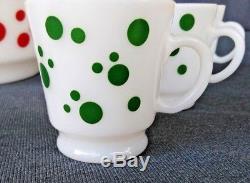 Hazel Atlas Red Polka Dot Punch Bowl Set With 6 Green Polka Dot Mugs