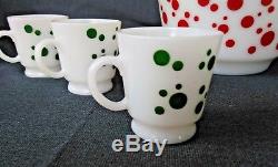 Hazel Atlas Red Polka Dot Punch Bowl Set With 6 Green Polka Dot Mugs