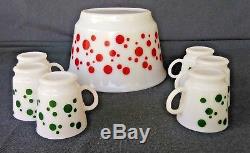 Hazel Atlas Red Polka Dot Punch Bowl Set With 6 Green Polka Dot Mugs