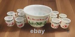 Hazel Atlas Tom Jerry Punch Bowl Set 10 Mugs Glass Holiday Egg Nog Footed