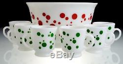 Hazel Atlas Vintage Red Polka Dot Punch Bowl-Including 6 Green Polka Dot Mugs