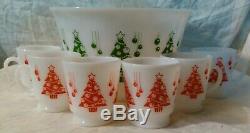 Hazel Atlas Vtg. Punch/Eggnog Bowl Set Green/Red Christmas Trees Mugs Milk Glass