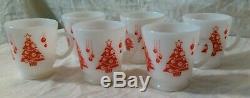 Hazel Atlas Vtg. Punch/Eggnog Bowl Set Green/Red Christmas Trees Mugs Milk Glass